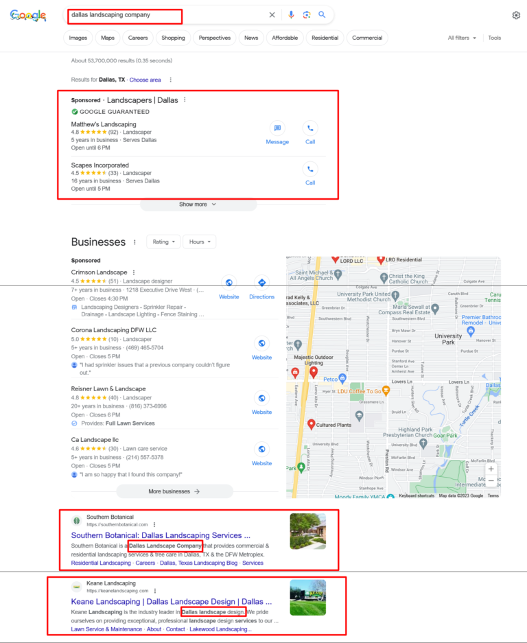 local landscaping keywords in meta title tags