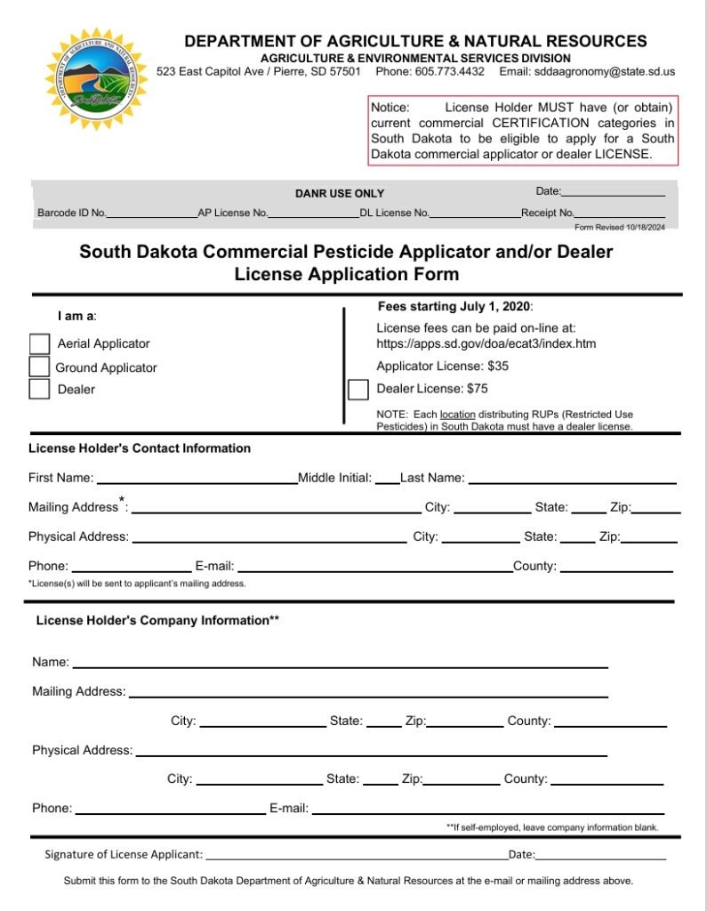 Department of Agriculture and Natural Resources Application Form for License