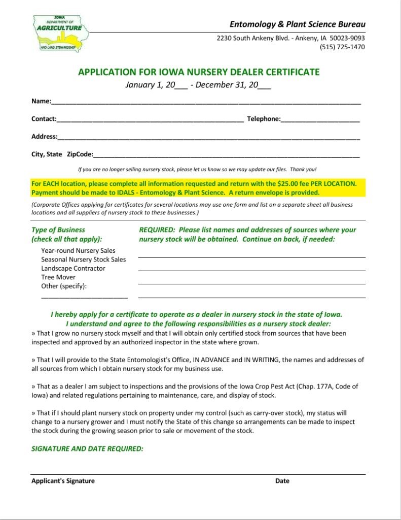 Application for Iowa Nursery Dealer Certificate
