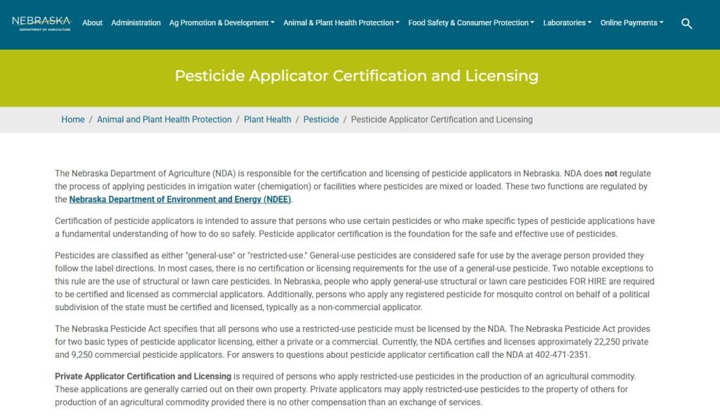Official Website for the Pesticide Applicator License in Nebraska