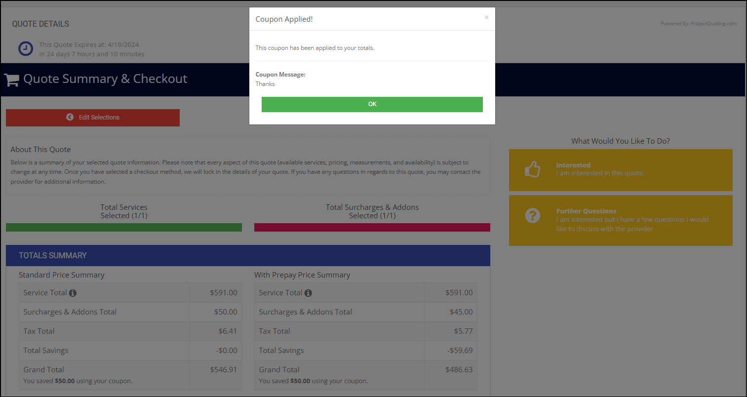 projectquoting coupons applied