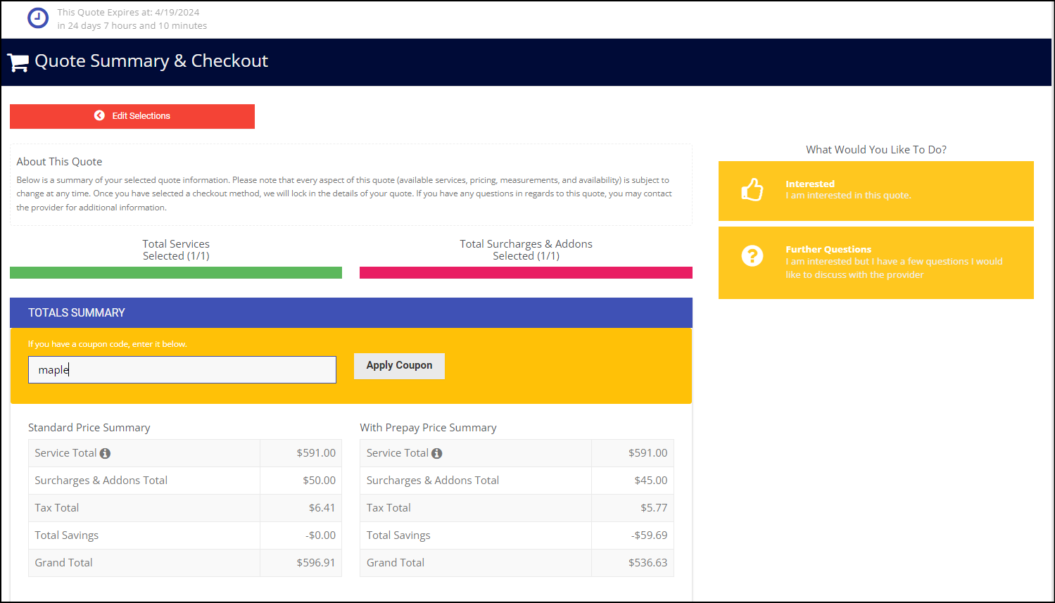 projectquoting coupons checkout page