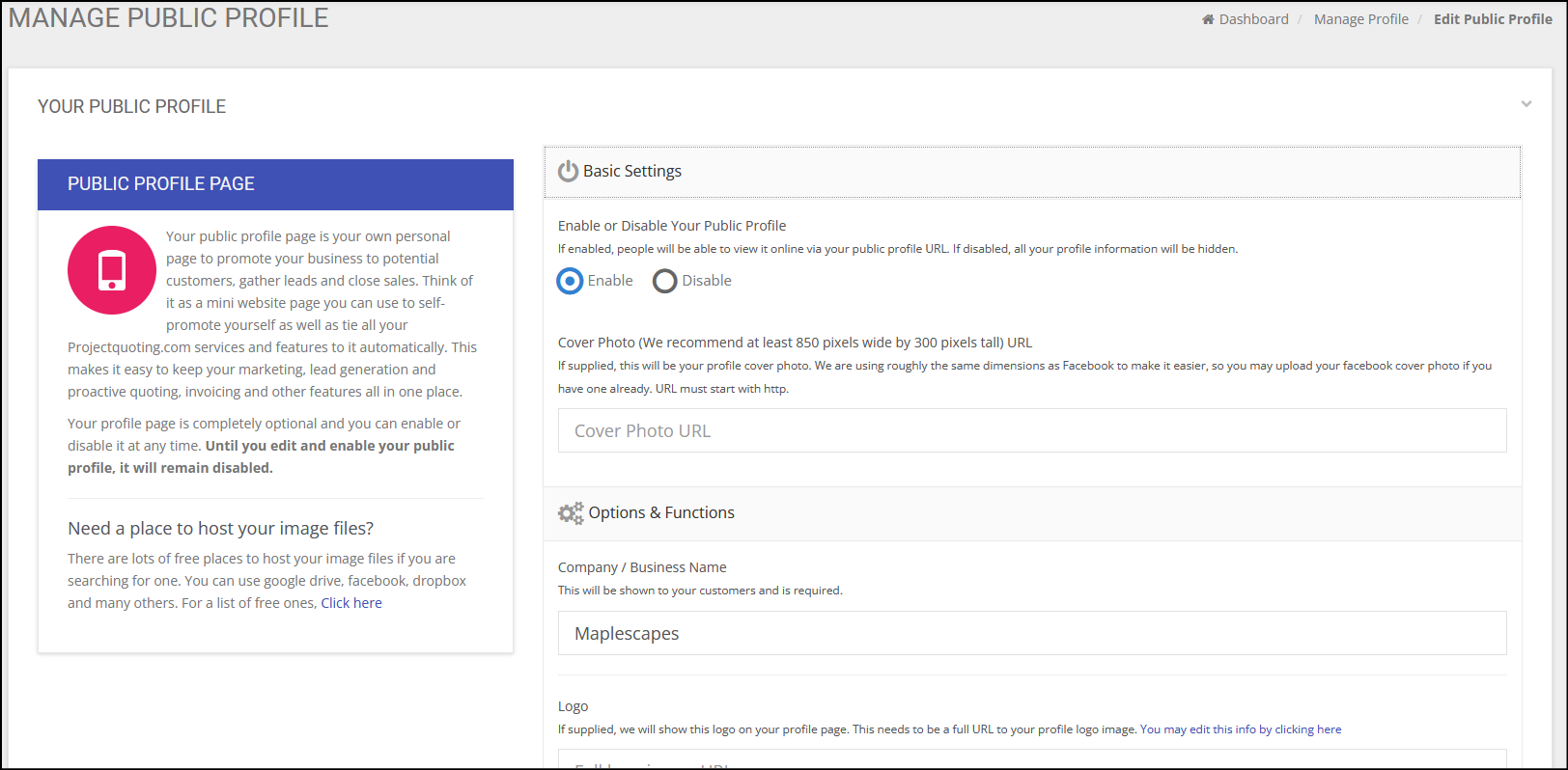 projectquoting public profile