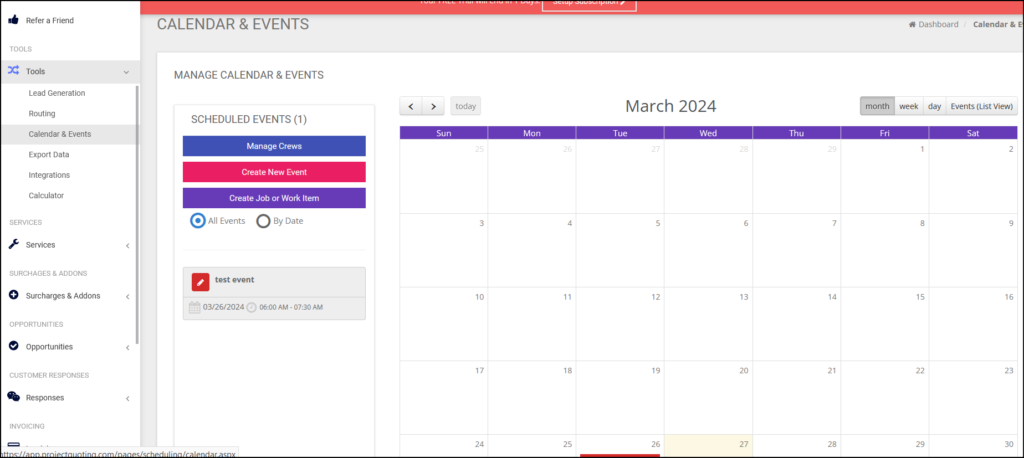 projectquoting schedule events jobs crews calendar