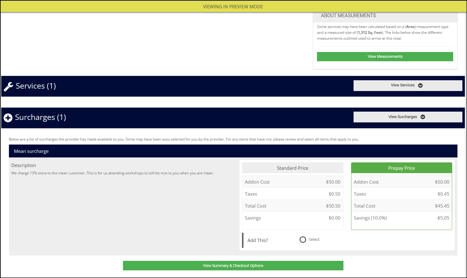 projectquoting surcharges preview mode