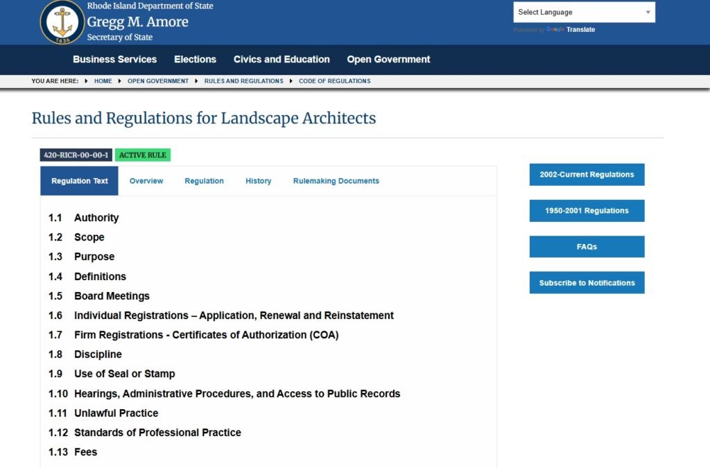 Rules and Regulations for Landscape Architects