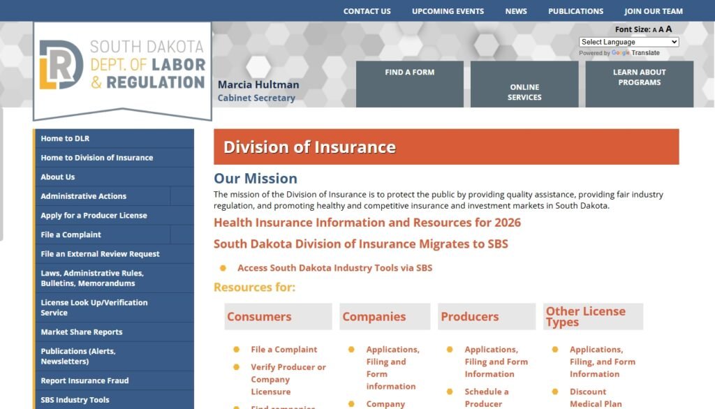 South Dakota Department of Labor and Regulations Division of Insurance