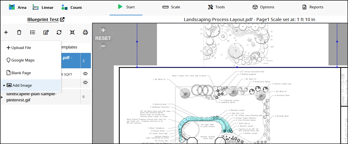 You can add an image to an existing blueprint but cannot add another pdf file on the same file.