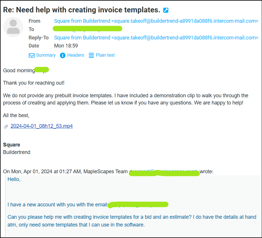 square takeoff email support response